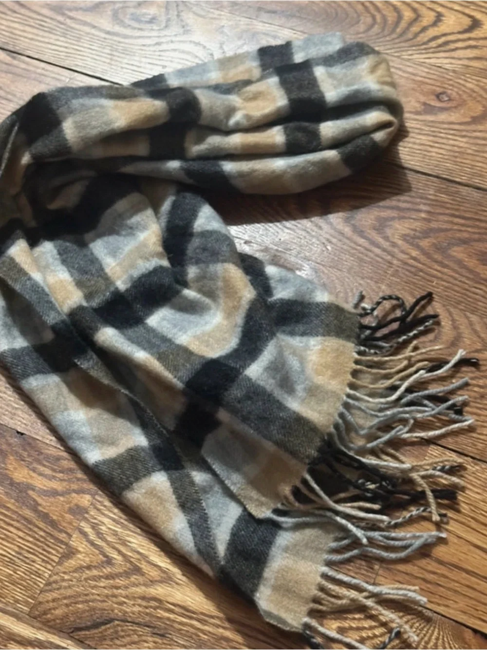 Men's Plaid Fringe Scarf in Beige, Black and Gray